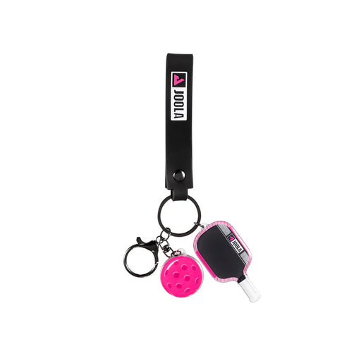 Keychain with paddle and ball charms and Joola logo on a white background