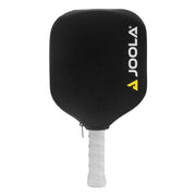 Black pickleball paddle with white text on a white background