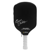 Black pickleball paddle with white text and branding on a white background