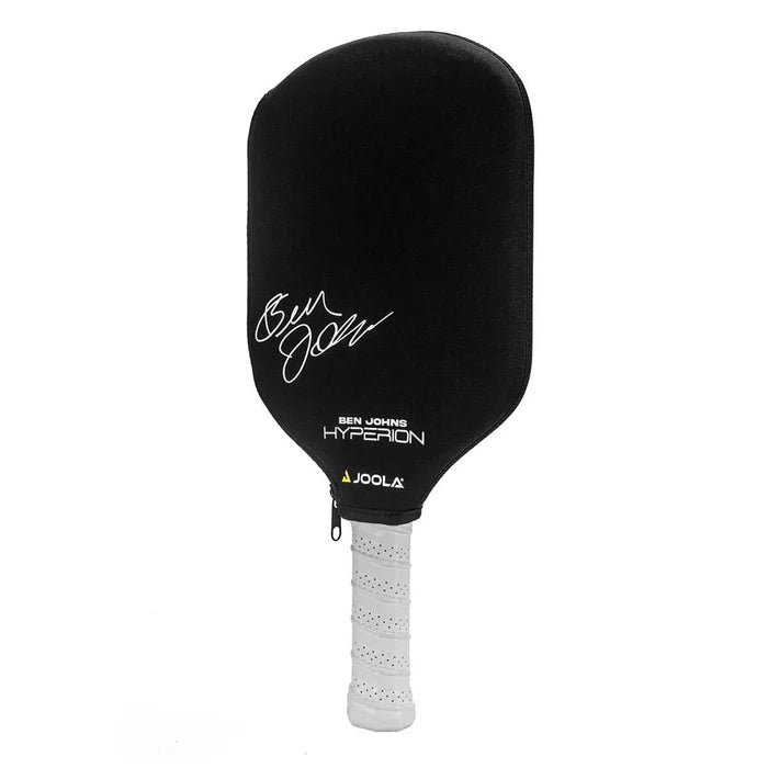Black pickleball paddle with white text on a white background