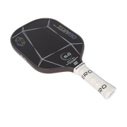 Pickleball paddle with black surface and white handle on a white background