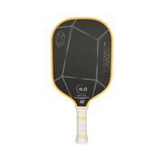 Pickleball paddle with black and yellow design on a white background