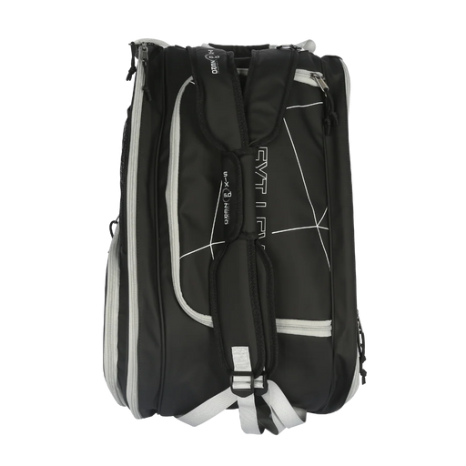 Black and gray backpack with visible branding on a white background