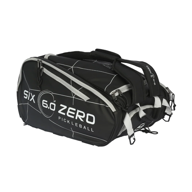Black pickleball bag with 'Six 6.0 Zero' branding on a white background