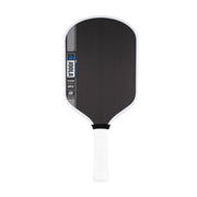 Black pickleball paddle with white handle on a white background