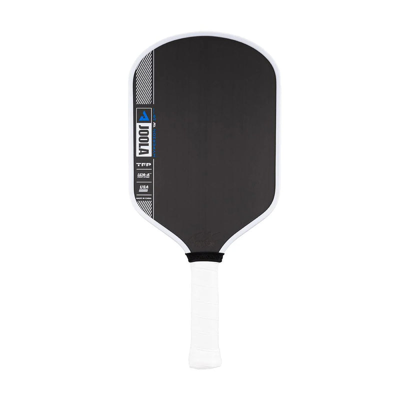 Black pickleball paddle with white handle on a white background
