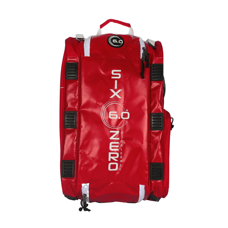 Red bag with 'Six Zero' branding on a white background