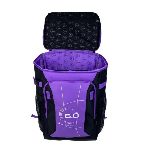 Purple and black pickleball backpack with visible branding on a white background