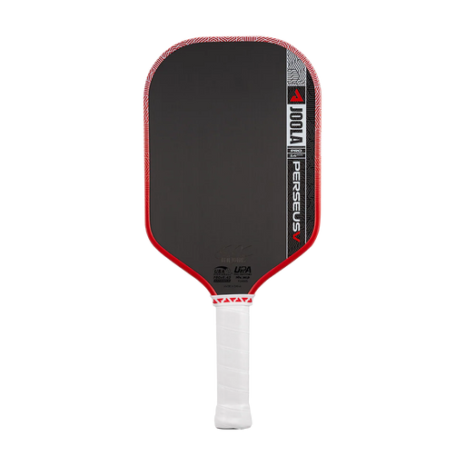 Pickleball paddle with red and black design on a white background