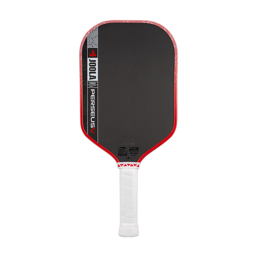 Pickleball paddle with red and black design on a white background