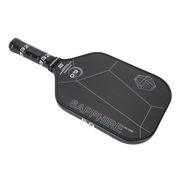 Black pickleball paddle with 'Sapphire' branding on a white background