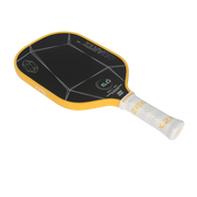 Yellow and black pickleball paddle with white handle on a white background