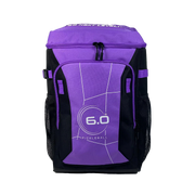 Purple and black pickleball backpack with '6.0' branding on a white background