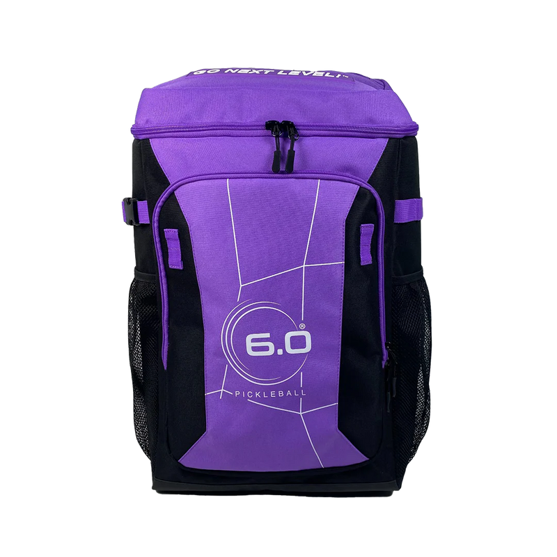 Purple and black pickleball backpack with '6.0' branding on a white background