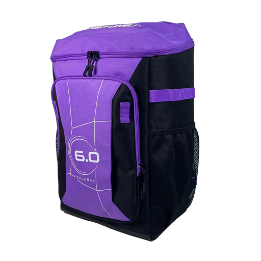 Purple and black pickleball bag with '6.0' branding on a white background