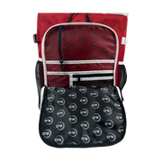 Red and black backpack with a pattern on a white background