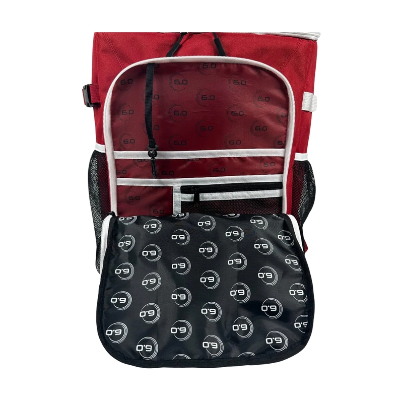 Red and black backpack with a pattern on a white background