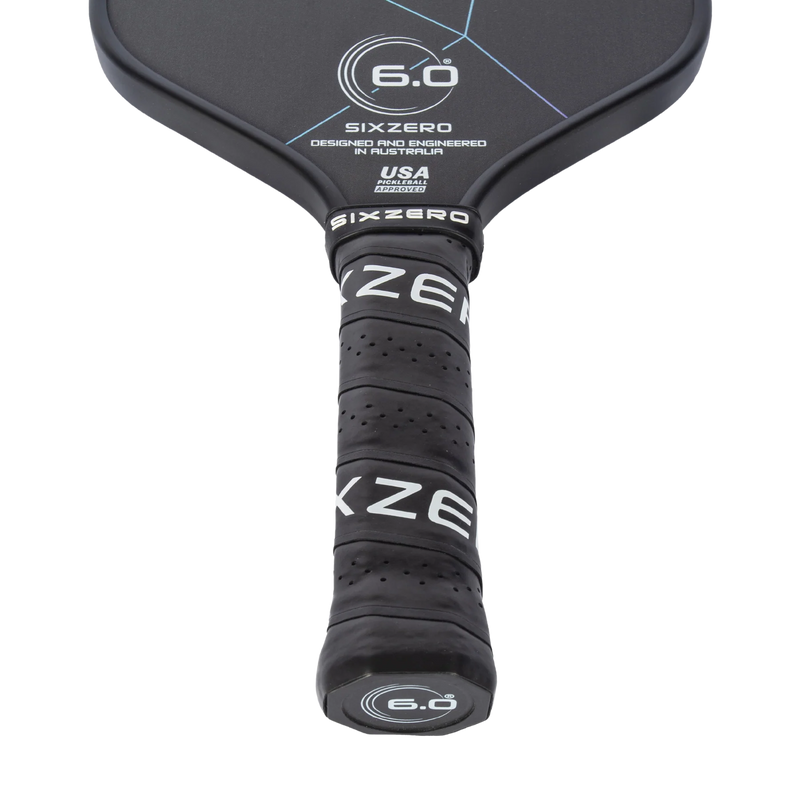 Black pickleball paddle with 'Sixzero' branding on a white background