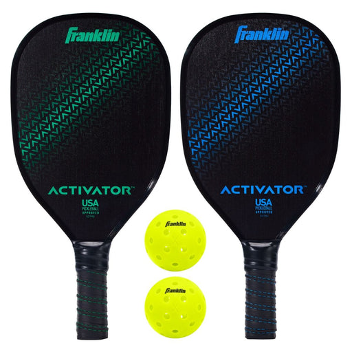 Two Franklin Activator pickleball paddles with two yellow balls on a white background