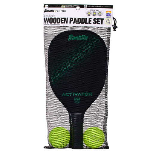 Packaged Franklin Wooden Pickleball Paddle Set with two balls on a white background