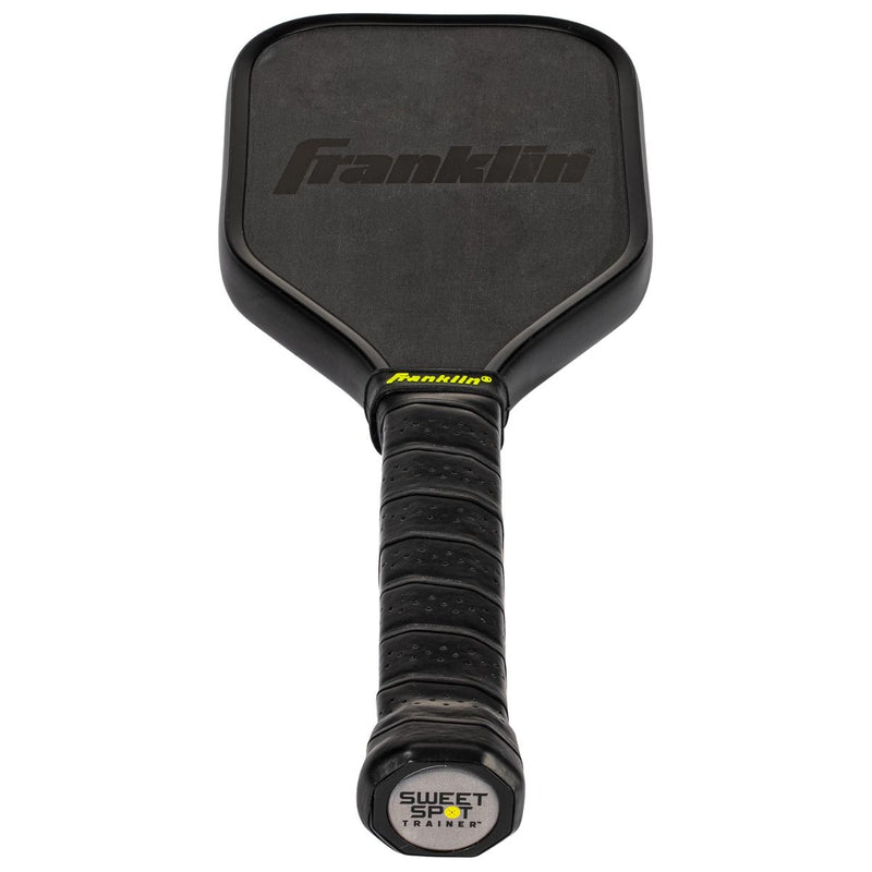 Black pickleball paddle with Franklin logo on a white background