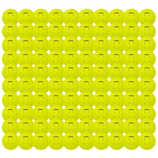 Multiple yellow balls with a brand logo on a white background