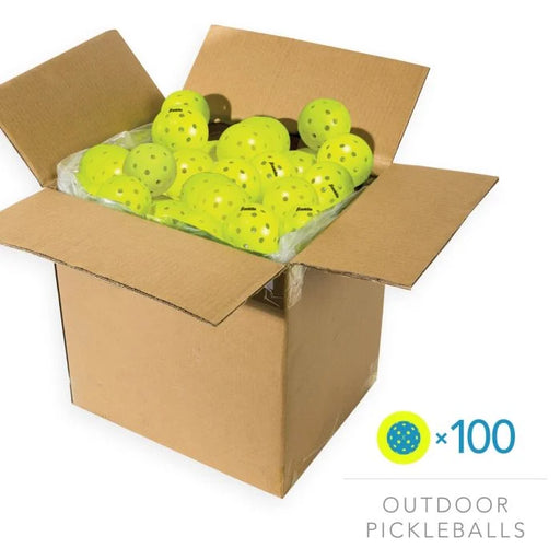 Box of pickleballs with a label indicating 100 outdoor pickleballs.