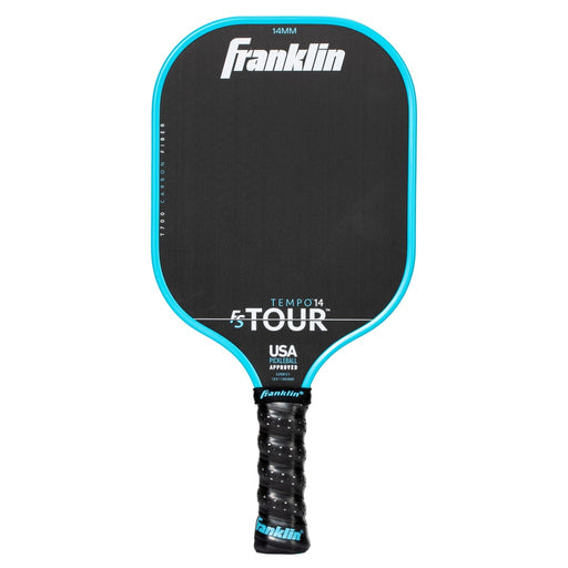 Black pickleball paddle with blue rim and Franklin branding on a white background