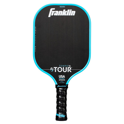 Black pickleball paddle with blue rim and Franklin branding on a white background