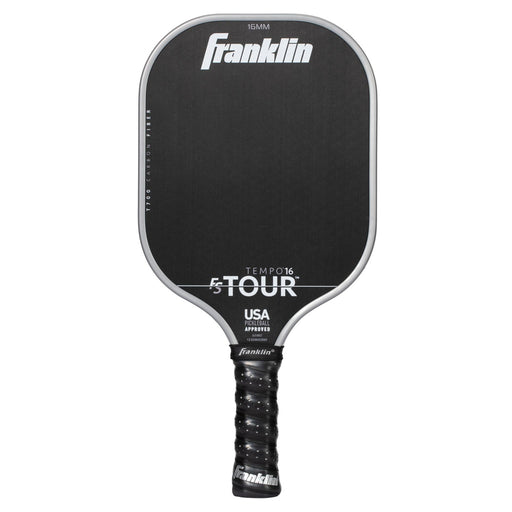 Black pickleball paddle with Franklin branding on a white background