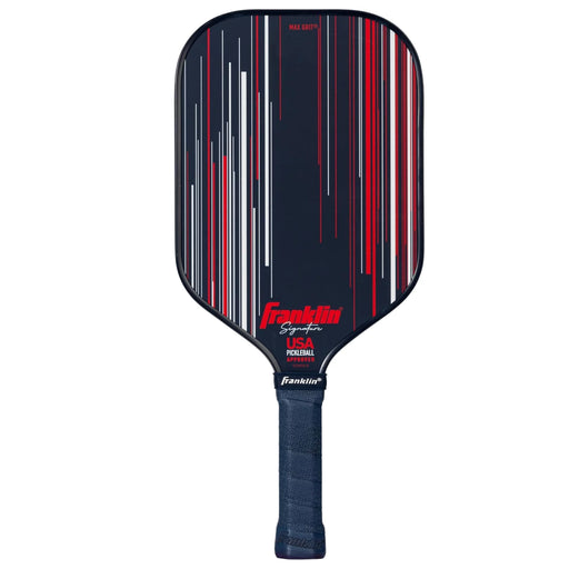 Pickleball paddle with red and white striped design on a black background