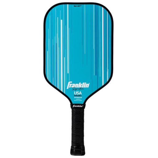 Blue pickleball paddle with black handle on a white background