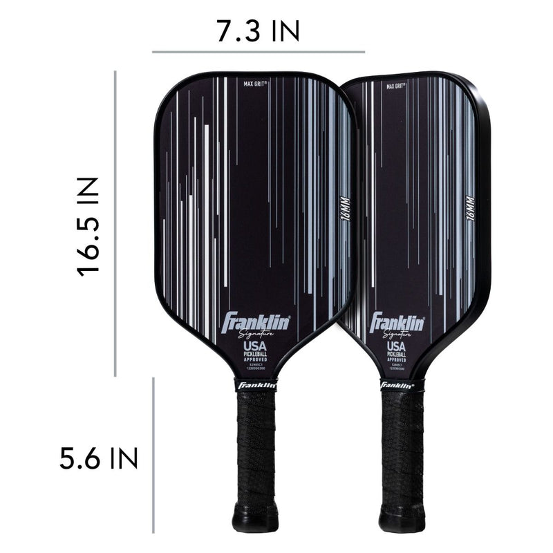 Two Franklin pickleball paddles with measurements on a white background