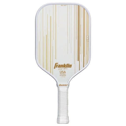 White pickleball paddle with gold stripes and Franklin logo on a white background