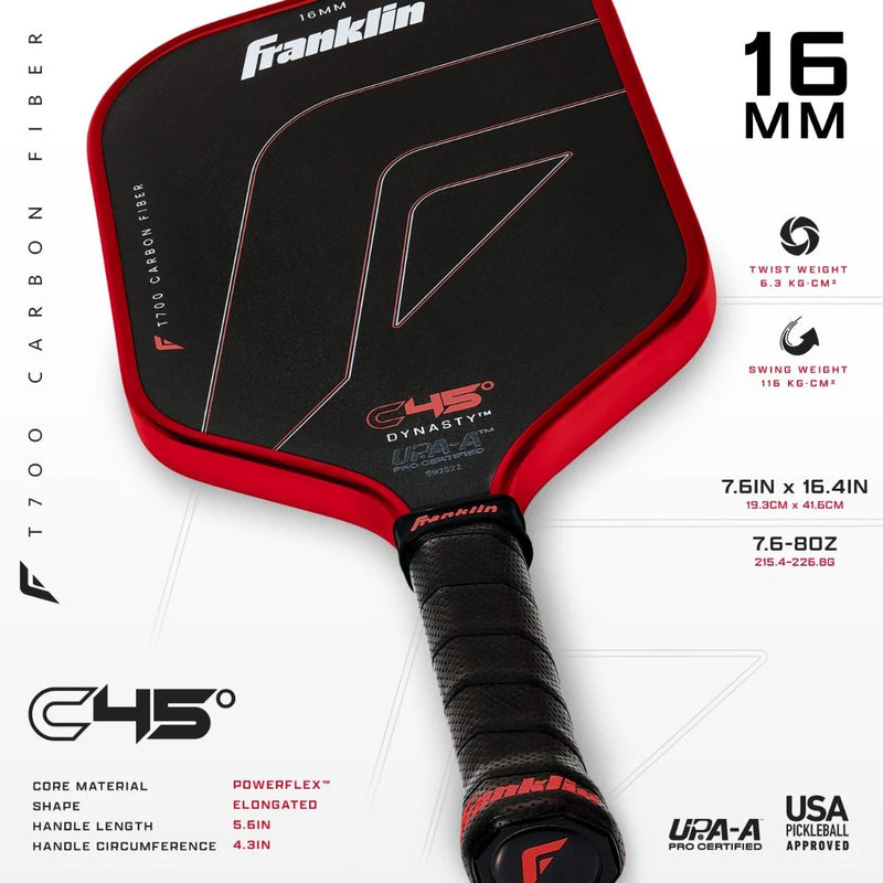 Franklin C45° Carbon Fiber Dynasty Series 16mm Pickleball Paddle - Red