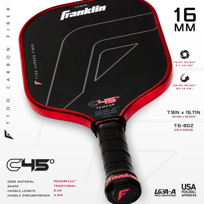 Franklin C45° Carbon Fiber Tempo Series 16mm Pickleball Paddle - Red