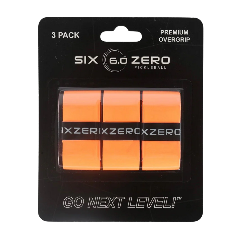 Pack of Six 6.0 Zero pickleball overgrips with branding on a white background