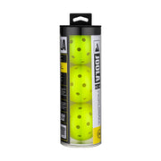 Pack of Joola pickle balls in a black and yellow tube on a white background