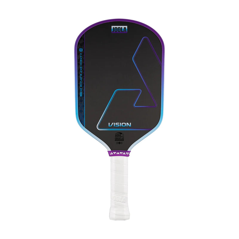Pickleball paddle with black surface and purple accents on a white background