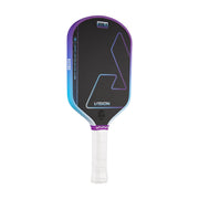 Pickleball paddle with black and blue design on a white background