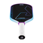 Pickleball paddle with black and blue design on a white background