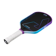 Pickleball paddle with black and blue design on a white background