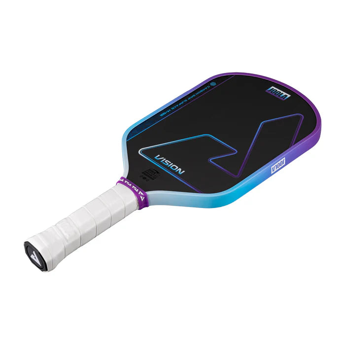 Pickleball paddle with black and blue design on a white background
