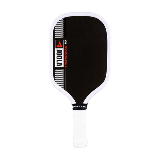 Black and white pickleball paddle with branding on a white background