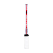 White and red tennis racket with a black grip on a white background