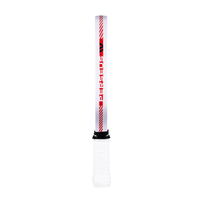White and red tennis racket with a black grip on a white background