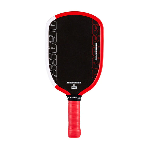 Red and black pickleball paddle with Agassi branding on a white background