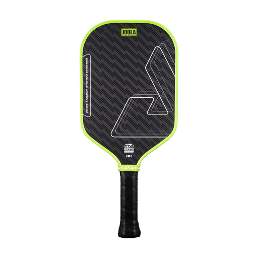 Pickleball paddle with black and green design on a white background