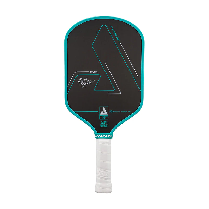 Pickleball paddle with black and teal design on a white background