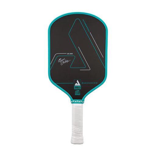 Pickleball paddle with black and teal design on a white background
